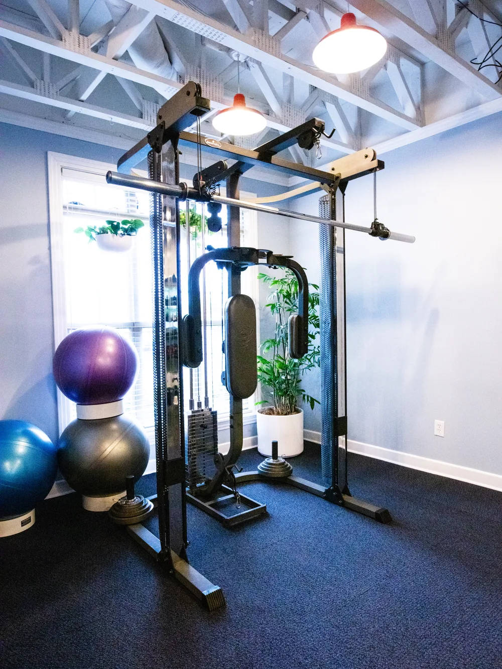 A functional trainer cable machine beside a window at the St. Matthews studio, stability balls and plants alongside.